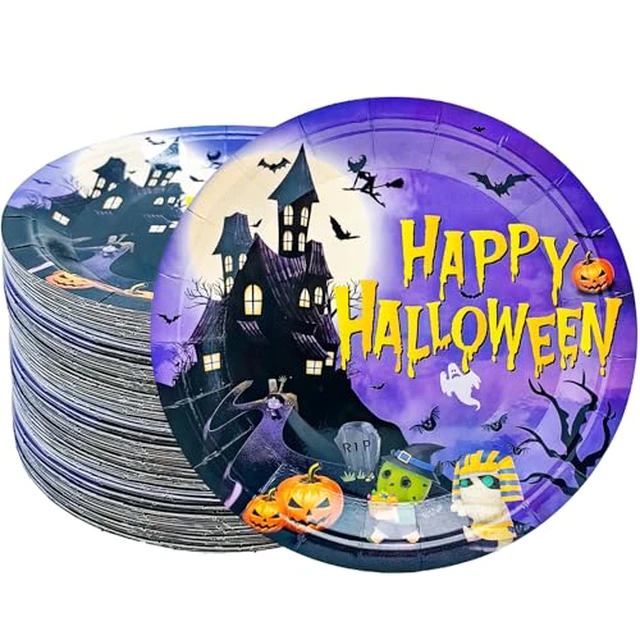 Alt view image 3 of 5 - 50Pcs Halloween Party Supplies Halloween Paper Plate 7Inch Pumpkin Plates Fall Pumpkin Monster Paper Plates for Haunted House Themed Black Orange Fall Birthday Party Decorations (Black)