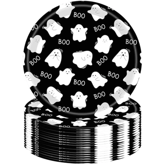 Alt view image 5 of 5 - 50Pcs Halloween Party Supplies Halloween Paper Plate 7Inch Pumpkin Plates Fall Pumpkin Monster Paper Plates for Haunted House Themed Black Orange Fall Birthday Party Decorations (Black)