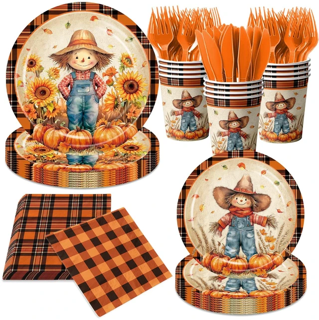 Main image of 144Pcs Fall Thanksgiving Party Supplies Pumpkin Scarecrow Paper Plates and Napkins Orange Plaid Party Disposable Tableware for Birthday Decorations Serves 24