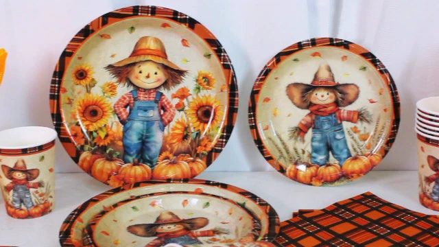 Alt view image 2 of 2 - 144Pcs Fall Thanksgiving Party Supplies Pumpkin Scarecrow Paper Plates and Napkins Orange Plaid Party Disposable Tableware for Birthday Decorations Serves 24
