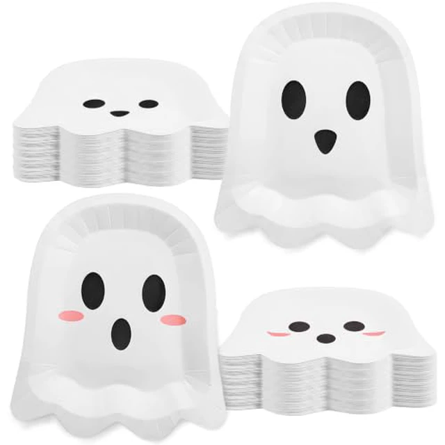 Alt view image 2 of 5 - FOIMAS 50 Pcs Halloween Paper Plates, 9.84 Inch Cute Ghost Disposable Plates Spooky Boo Dessert Dinner Plate Tableware for Baby Shower Halloween Party Supplies Birthday Table Decor,White