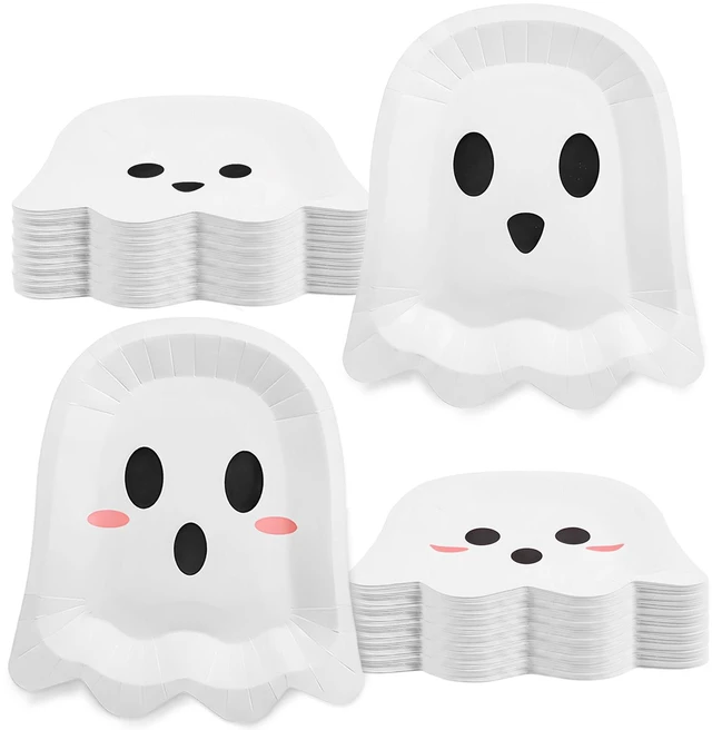 Main image of FOIMAS 50 Pcs Halloween Paper Plates, 9.84 Inch Cute Ghost Disposable Plates Spooky Boo Dessert Dinner Plate Tableware for Baby Shower Halloween Party Supplies Birthday Table Decor,White