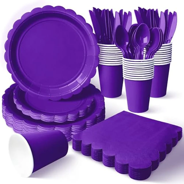 Alt view image 2 of 5 - Vyntra 175 Pcs Purple Paper Plates and Napkins Party Supplies