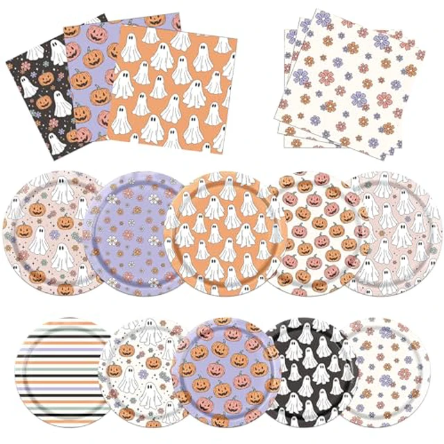 Alt view image 2 of 3 - Halloween Party Plates and Napkins, 60Pcs Halloween Party Supplies Tableware Set, Pumpkins Ghost HALLOWEEN Paper Plates Napkins for halloween Birthday Party Decorations