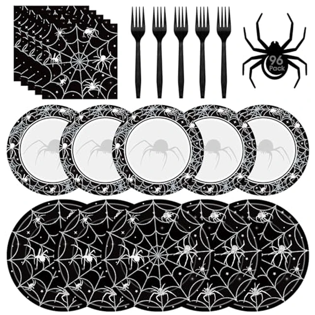 Alt view image 2 of 2 - 96 Pcs Halloween Plates and Napkins Set - Black Spider Webs Dinner Dessert Paper Plates Cocktail Napkins Forks Disposable Tableware for Spiderweb Halloween Party Decorations Supplies Favors, Serve 24