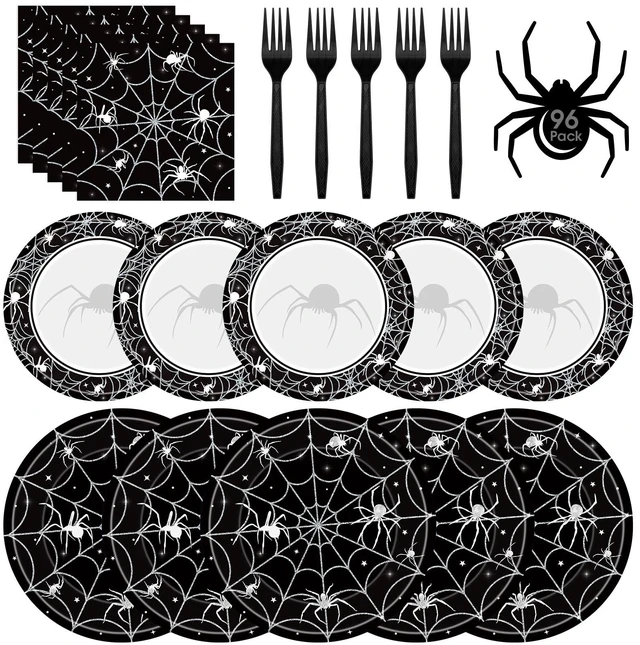 Main image of 96 Pcs Halloween Plates and Napkins Set - Black Spider Webs Dinner Dessert Paper Plates Cocktail Napkins Forks Disposable Tableware for Spiderweb Halloween Party Decorations Supplies Favors, Serve 24