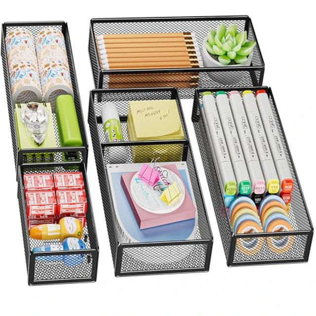 Alt view image 2 of 4 - Marbrasse 5 Pack Desk Drawer Organizer Set, Mesh Drawer Storage Trays with 1 Adjustable Divider, Desk Organizers and Accessories, 5 PCS Drawer for Office Supplies, Makeup & Vanity (Black)