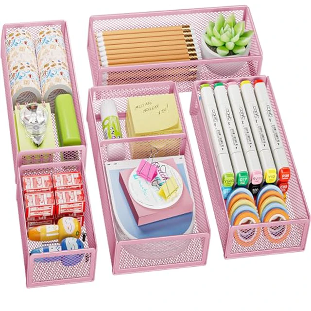 Alt view image 3 of 4 - Marbrasse 5 Pack Desk Drawer Organizer Set, Mesh Drawer Storage Trays with 1 Adjustable Divider, Desk Organizers and Accessories, 5 PCS Drawer for Office Supplies, Makeup & Vanity (Black)