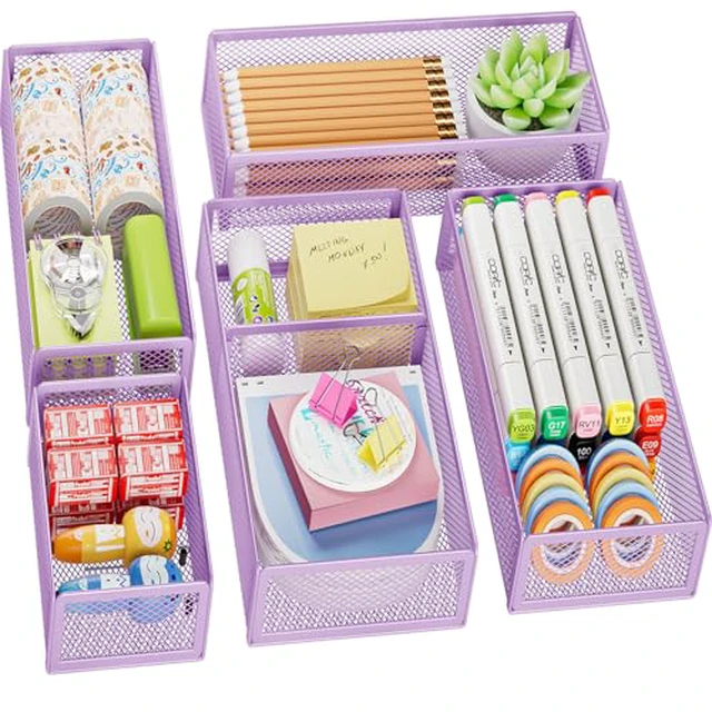 Alt view image 4 of 4 - Marbrasse 5 Pack Desk Drawer Organizer Set, Mesh Drawer Storage Trays with 1 Adjustable Divider, Desk Organizers and Accessories, 5 PCS Drawer for Office Supplies, Makeup & Vanity (Black)