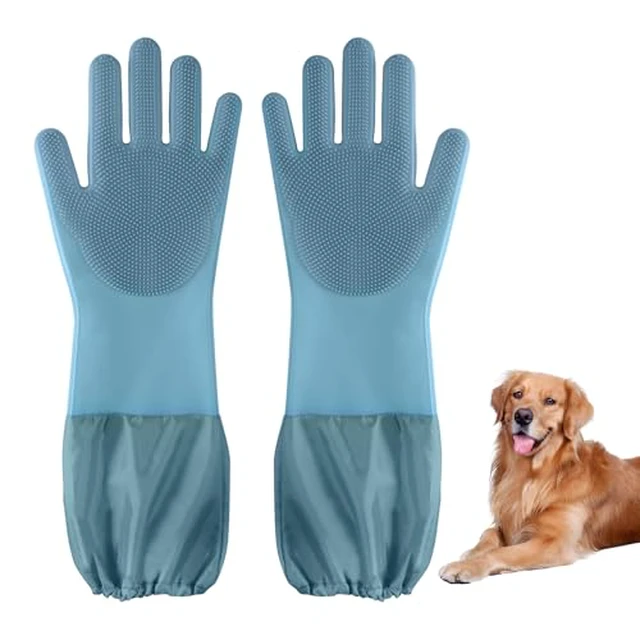 Alt view image 2 of 4 - Dog washing gloves | Pet grooming gloves | Extra Long Arms 17.3in,hazy blue