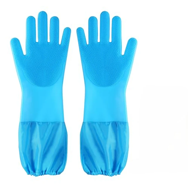 Alt view image 3 of 4 - Dog washing gloves | Pet grooming gloves | Extra Long Arms 17.3in,hazy blue