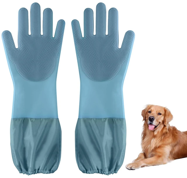 Main image of Dog washing gloves | Pet grooming gloves | Extra Long Arms 17.3in,hazy blue