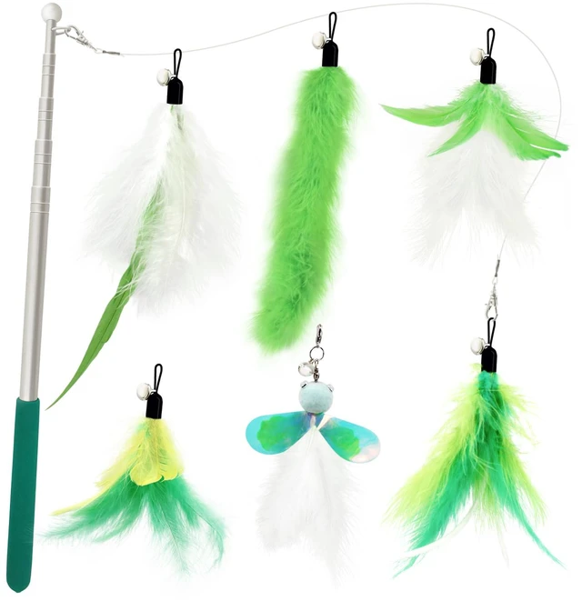 Main image of Cat Feather Toys Wand - 7 Pcs Interactive Cat Toys for Indoor Cats Kittens, Retractable Cat Wand with 6 Feather Teaser Refills with Bell, Cats Fishing Pole Toy, Green