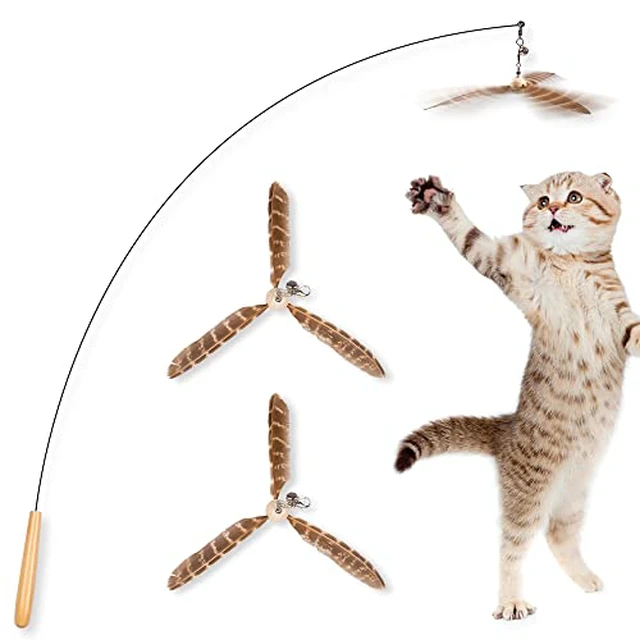 Alt view image 2 of 7 - Cat Wand Toys, Interactive Cat Toys with 3 Feather Refills, 29'' Flexible Steel Wire, Sturdy Wood Handle & Bell for Kitty Kitten, Cat Toys for Indoor Cats Teaser Cat String Toy