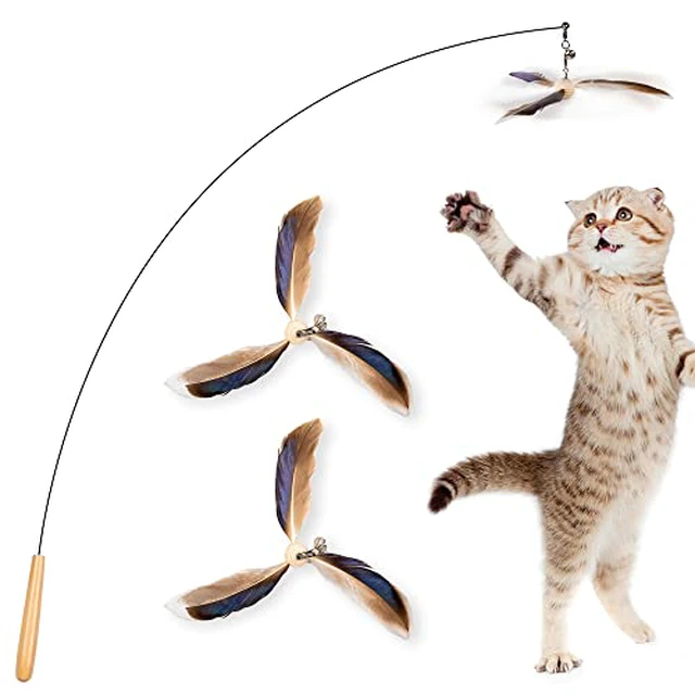 Alt view image 4 of 7 - Cat Wand Toys, Interactive Cat Toys with 3 Feather Refills, 29'' Flexible Steel Wire, Sturdy Wood Handle & Bell for Kitty Kitten, Cat Toys for Indoor Cats Teaser Cat String Toy