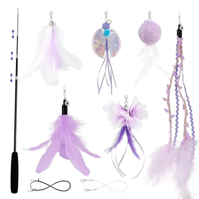 Alt view image 2 of 4 - Cat Wand Toys for Indoor Cats - Cat Toy Set with Retractable Teaser Wand and 6 PCS Fairy Feather Toy Refills, Dragonfly Tassel Plush Cat Toys Interactive, Purple