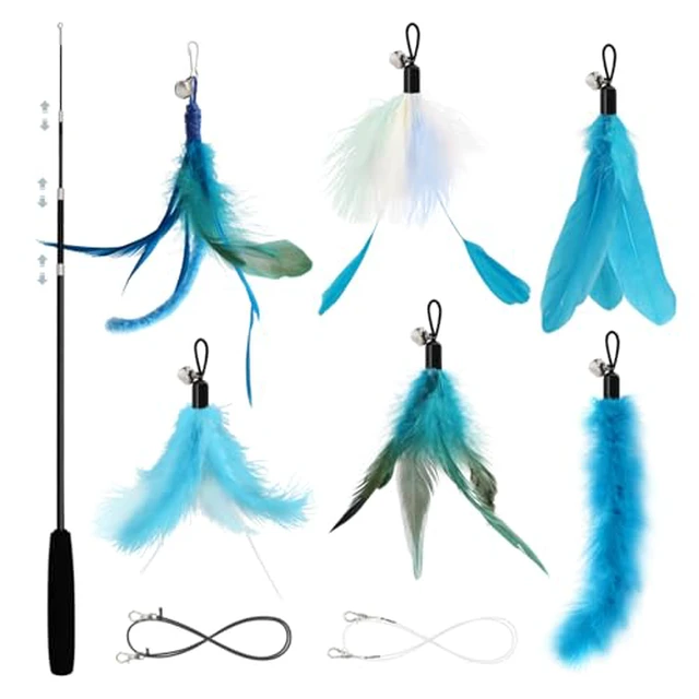 Alt view image 4 of 4 - Cat Wand Toys for Indoor Cats - Cat Toy Set with Retractable Teaser Wand and 6 PCS Fairy Feather Toy Refills, Dragonfly Tassel Plush Cat Toys Interactive, Purple