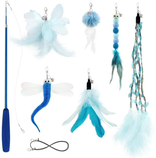 Main image of Cat Wand Toys for Indoor Cats - Cat Toy Set with Retractable Teaser Wand and 6 PCS Fairy Feather Toy Refills, Dragonfly Tassel Plush Cat Toys Interactive, Blue