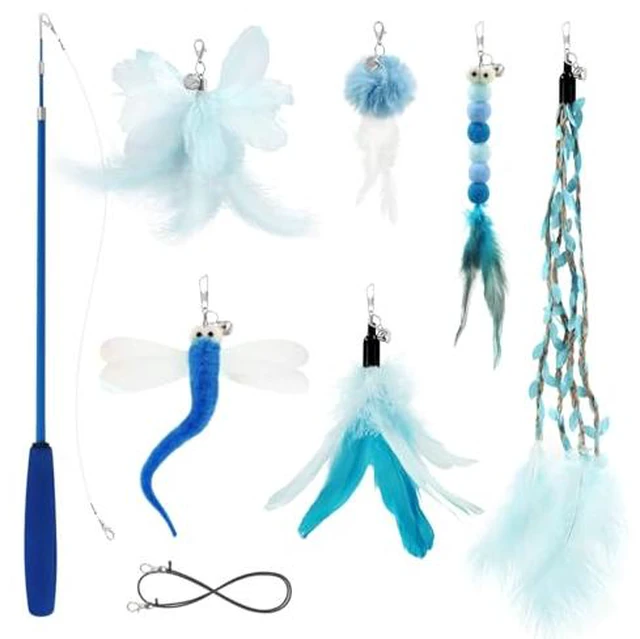 Alt view image 2 of 4 - Cat Wand Toys for Indoor Cats - Cat Toy Set with Retractable Teaser Wand and 6 PCS Fairy Feather Toy Refills, Dragonfly Tassel Plush Cat Toys Interactive, Blue
