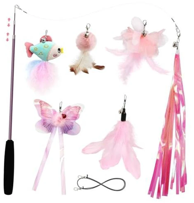 Alt view image 4 of 4 - Cat Wand Toys for Indoor Cats - Cat Toy Set with Retractable Teaser Wand and 6 PCS Fairy Feather Toy Refills, Dragonfly Tassel Plush Cat Toys Interactive, Blue