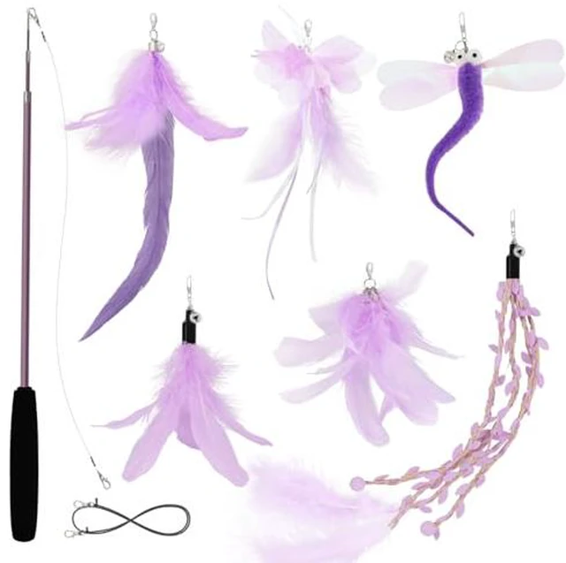 Alt view image 3 of 4 - Cat Wand Toys for Indoor Cats - Cat Toy Set with Retractable Teaser Wand and 6 PCS Fairy Feather Toy Refills, Dragonfly Tassel Plush Cat Toys Interactive, Blue