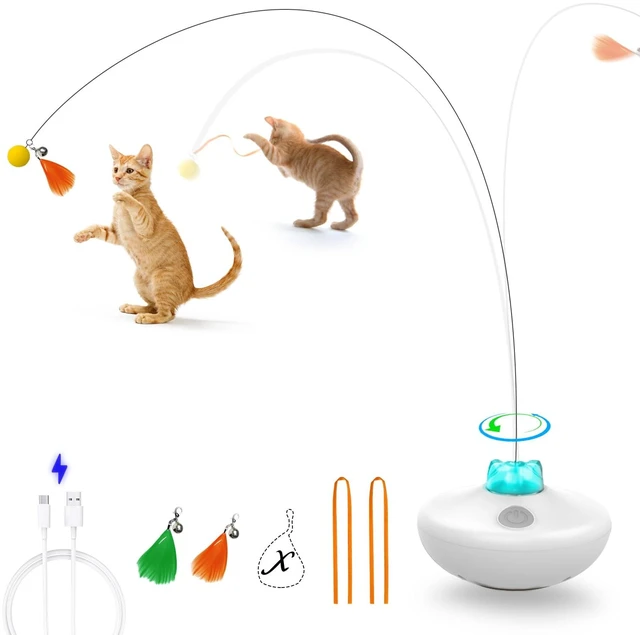 Main image of Interactive Cat Toys Indoor Cats Toy Automatic Moving Feather Wand | Flying Feather Wobble Base Rechargeable Cat Toy, Extra Long Feather Wand Spin Cat Game & DIY Tails On