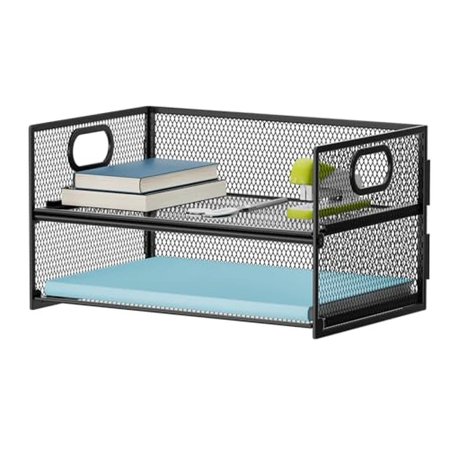 Alt view image 2 of 6 - 2 Tier Paper Organizer Letter Tray, Mesh File Organizer with Handle, Paper Sorter Desk Organizer for Home Office Supplies - Black