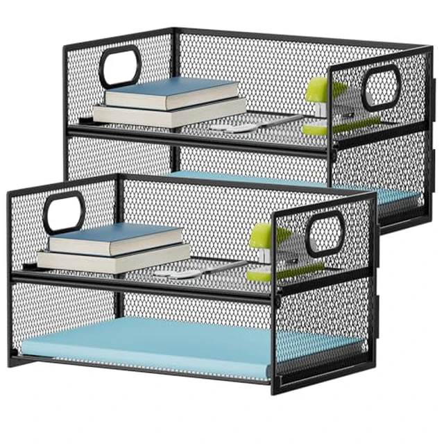 Alt view image 3 of 6 - 2 Tier Paper Organizer Letter Tray, Mesh File Organizer with Handle, Paper Sorter Desk Organizer for Home Office Supplies - Black