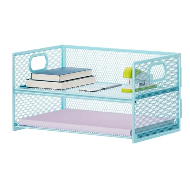 Alt view image 4 of 6 - 2 Tier Paper Organizer Letter Tray, Mesh File Organizer with Handle, Paper Sorter Desk Organizer for Home Office Supplies - Black