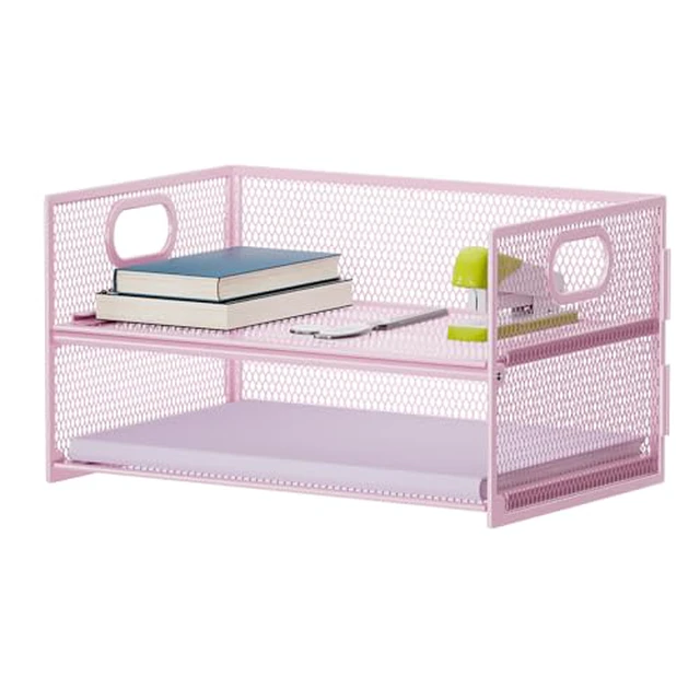Alt view image 5 of 6 - 2 Tier Paper Organizer Letter Tray, Mesh File Organizer with Handle, Paper Sorter Desk Organizer for Home Office Supplies - Black