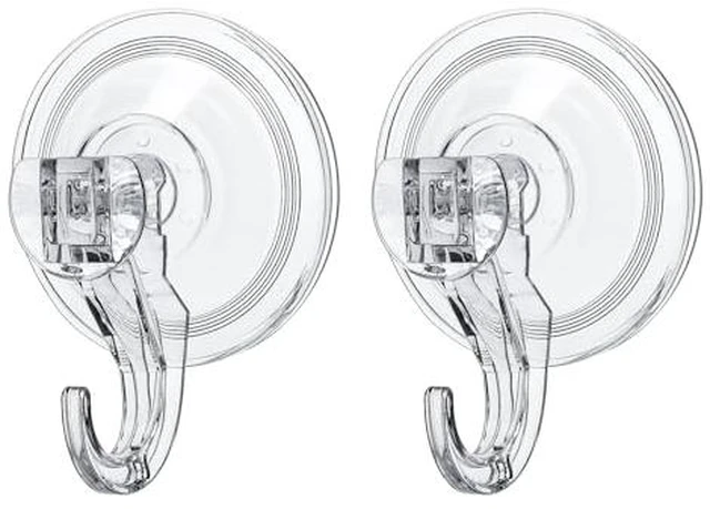 Alt view image 3 of 5 - Suction Hooks 2 Packs, Clear Powerful Push and Lock Vacuum Suction Cup, Multi-Purpose Suction Shower Hooks for Front Door Window Glass Kitchen Towel Loofah Utensils, 2pcs