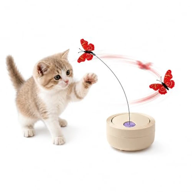 Alt view image 2 of 4 - Interactive Butterfly Cat Toy for Indoor Cats, 360° Rotating Wand, Beige