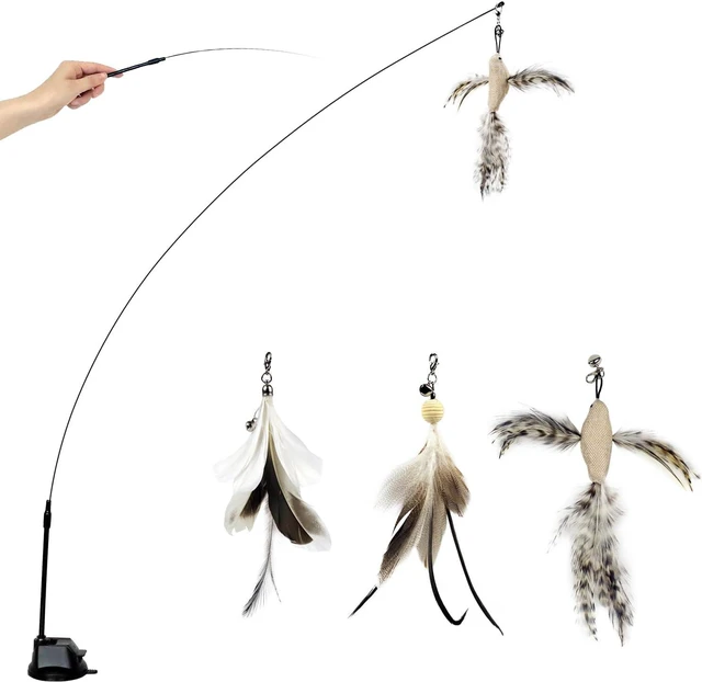 Main image of Cat Feather Wand Toy with Suction Cup, 2 in 1 Hands Free & Handheld Interactive Cat Teaser, Long Flexible Steel Wire Stick, 3 Replaceable Feather Bird Attachments with Bells for Indoor Kittens &am