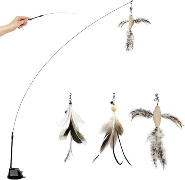 Alt view image 2 of 7 - Cat Feather Wand Toy with Suction Cup, 2 in 1 Hands Free & Handheld Interactive Cat Teaser, Long Flexible Steel Wire Stick, 3 Replaceable Feather Bird Attachments with Bells for Indoor Kittens &am