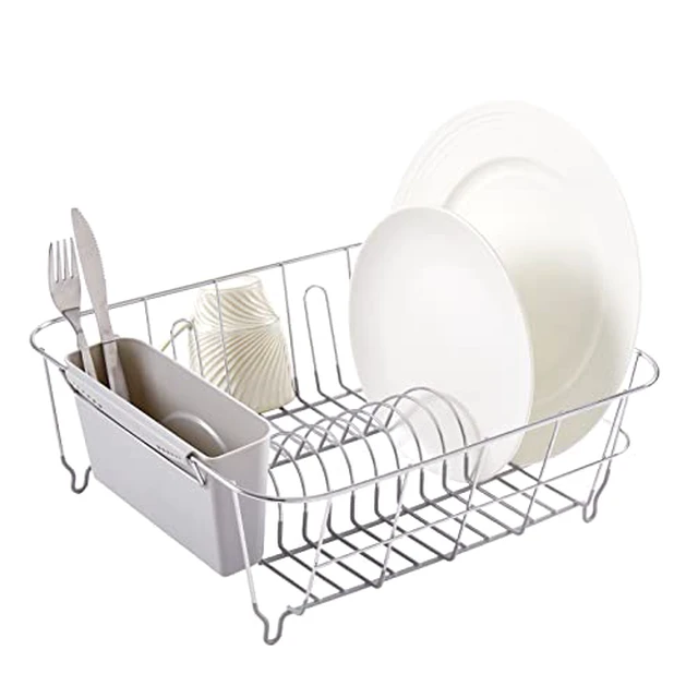 Alt view image 2 of 6 - Dish Drying Rack & Cutlery Holder 2 Piece Set - Compact Sink-Fitting Dish Drainer with Rubberized Undercoating, Space-Saving Kitchen Organizer for Plates, Cups, Bowls & Utensils in Sink, Silve