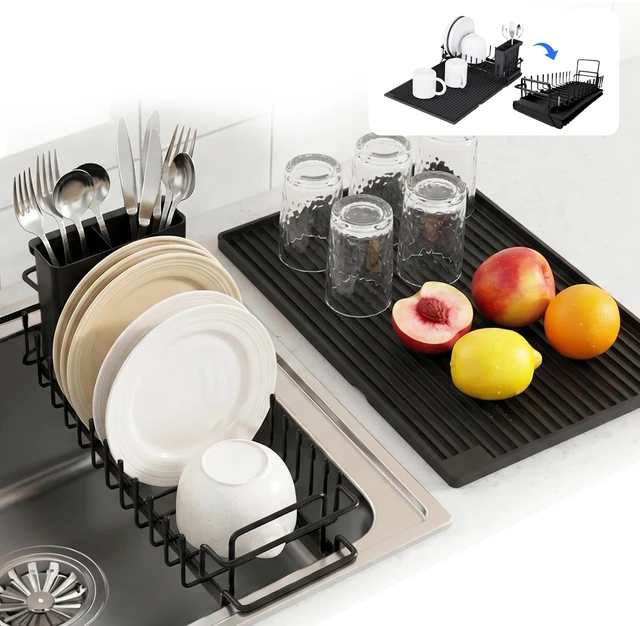 Main image of Expandable & Collapsible Dish Drying Rack for Over The Sink and in Sink, Stainless Steel with Silicone Drip Tray, Space Saving Adjustable Dish Rack for Small Kitchen, Apartment & RV