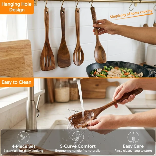 Alt view image 3 of 6 - Wooden Spoons for Cooking, Acacia Wood Kitchen Utensils Set 4-Piece