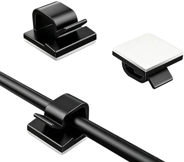 Main image of 20 Pack Adhesive Cable Clips for Cord Management, Small Wire Holders for Desk Wall Car, Strong Sticky Cable Organizer for Phone Charger, USB, TV, Ethernet & More (20, Black)