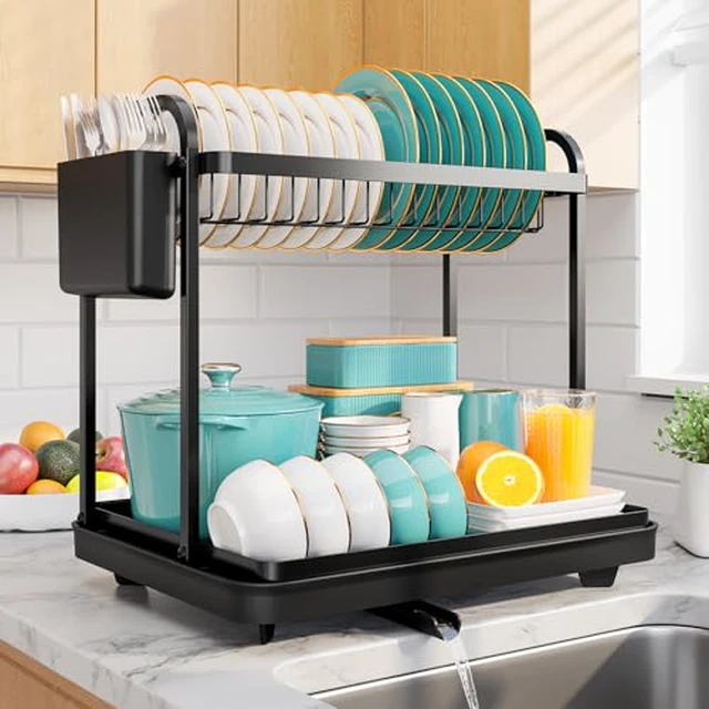 Alt view image 2 of 6 - Sakugi 2-Tier Dish Drying Rack - Stainless Steel Dish Rack with Cutlery & Utensil Holders for Kitchen Counter, Sink Organization and Storage for Small Family, 15" W x 11.4" L x 15" H,