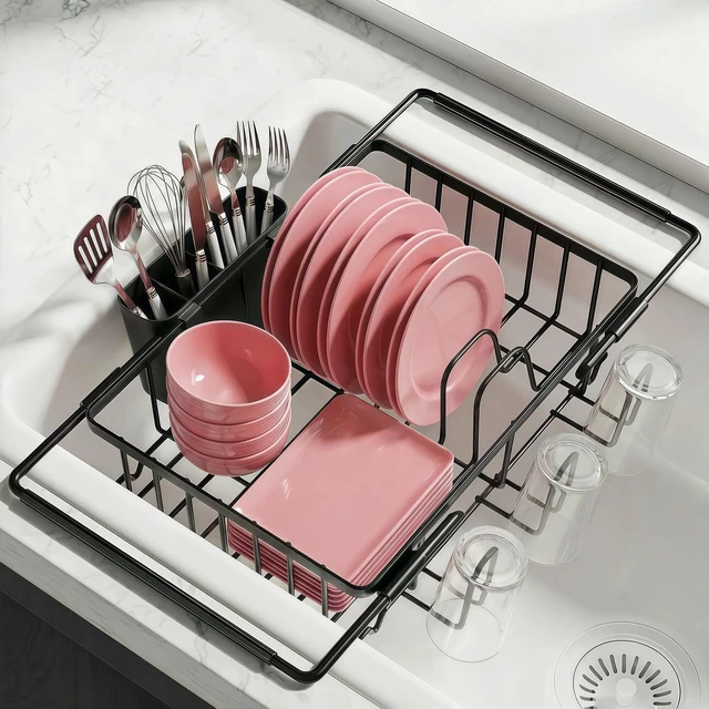 Main image of Sylfaen Expandable Over The Sink Dish Drying Rack, Stainless Steel Dish Rack in Sink, Kitchen Sink Drain Strainer with Utensil Holder & Cup Holders, Counter Space Saving & No Assembly Needed,