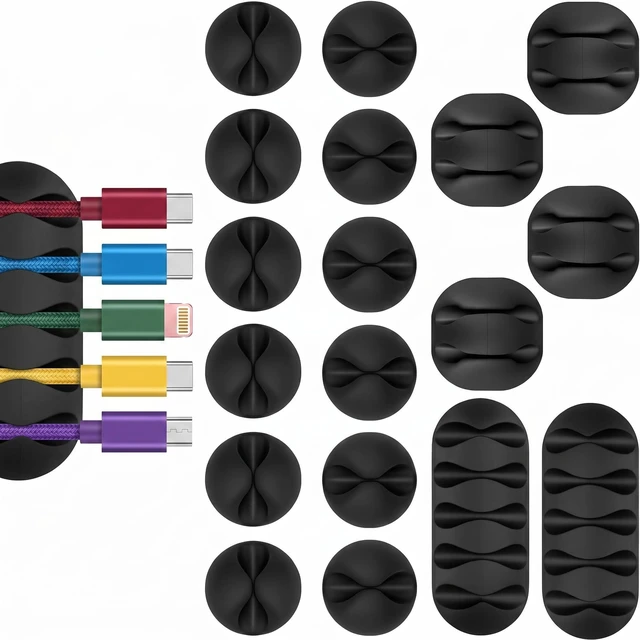Main image of 18PCS Adhesive Cable Clips, Black Cord Organizer Cable Holder for Phone Wires, Charging Cords, Mouse Cable and Desk Wire Management, Sticky Cable Clamp for Nightstand, Office and Desktop