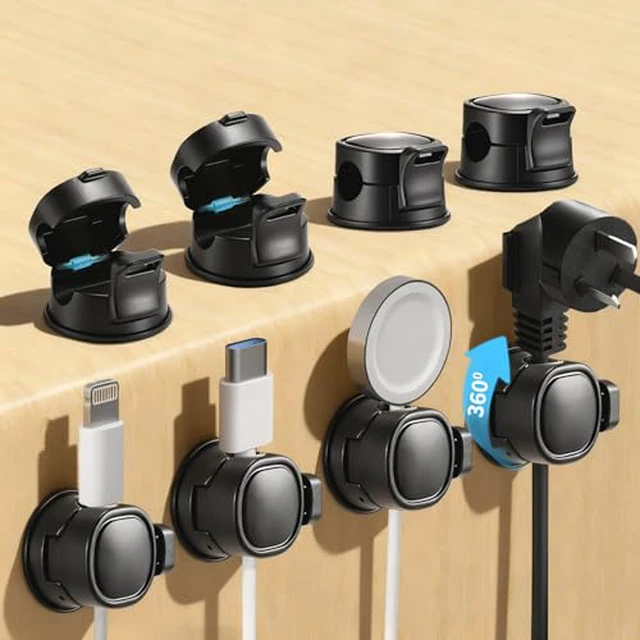 Alt view image 2 of 3 - 8 Pack Desk Cord Organizer for Home/Office, Cord Organization Cable Clips, 360° Rotatable Spring Cable Management Clips, Adhesive Cord Holder with Clasp Lock, Desk Accessories/Workspace Organizers