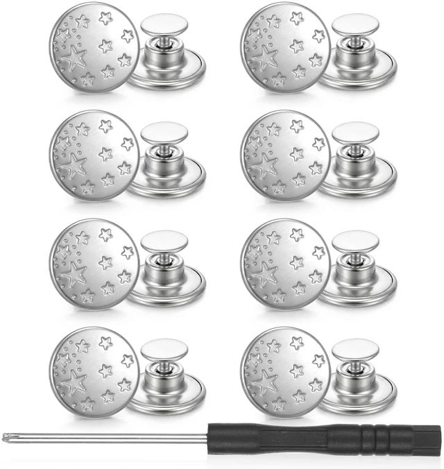 Main image of 8Pcs Button Pins for Loose Jeans, 17mm No-Sew Jeans Button Reusable | Removable Buttons for Pants Replacement Buttons Repair Kit with Thread Rivets & Screwdriver Pants Waist Tightener