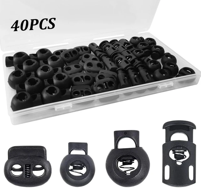 Main image of 40Pcs Cord Lock, Plastic Cord Locks for Drawstrings, Black Spring Toggle Stopper with 4 Sizes, Elastic Cord Adjuster Shoelace Fastener Lock for Drawstring, Paracord, Shoelaces, Clothing and Bags