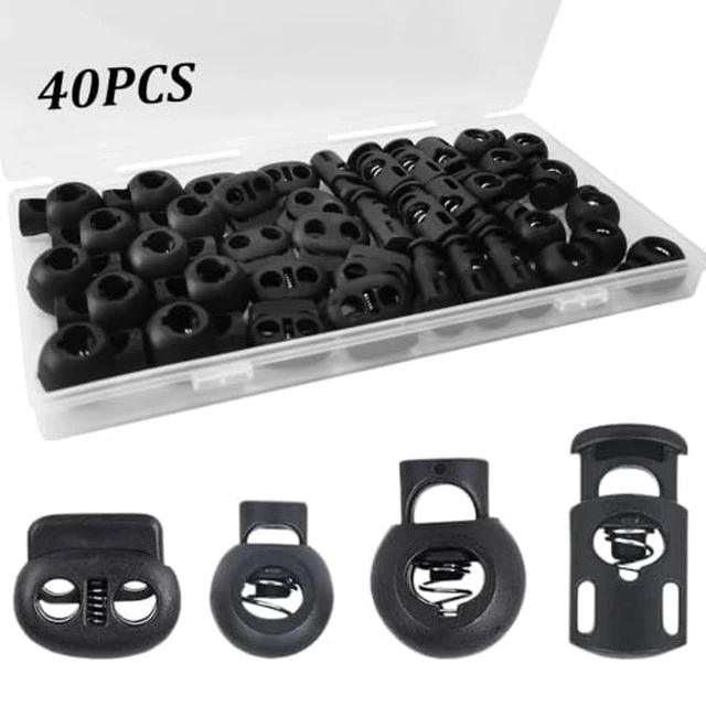 Alt view image 2 of 5 - 40Pcs Cord Lock, Plastic Cord Locks for Drawstrings, Black Spring Toggle Stopper with 4 Sizes, Elastic Cord Adjuster Shoelace Fastener Lock for Drawstring, Paracord, Shoelaces, Clothing and Bags