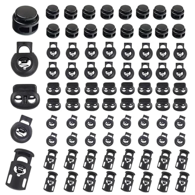 Alt view image 3 of 5 - 40Pcs Cord Lock, Plastic Cord Locks for Drawstrings, Black Spring Toggle Stopper with 4 Sizes, Elastic Cord Adjuster Shoelace Fastener Lock for Drawstring, Paracord, Shoelaces, Clothing and Bags