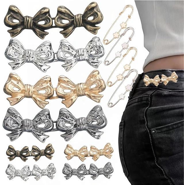 Main image of Bow Jeans Button 10 Sets Pant Waist Tightener, Adjustable Waist Buckle Sets No Sew and No Tools Detachable Decorative Waist Buckles, Jean Buttons Pins for Loose Jeans, Pants, Skirts (No Sew) (Bow)
