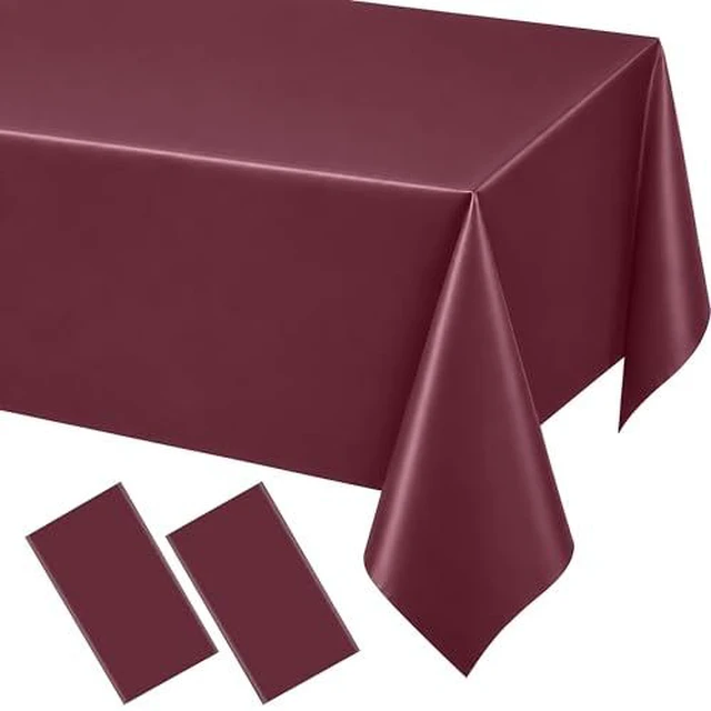 Alt view image 2 of 6 - WNINK 2 Pack Burgundy Disposable Plastic Tablecloths, Waterproof Rectangle Table Covers 54 x 108 Inch, Party Tablecloth for Birthday Party, Baby Shower, Wedding, Holiday and Event Decorations