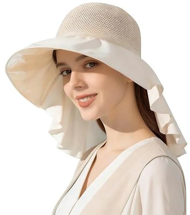 Alt view image 2 of 2 - Breathable UV-Mesh-Sun-Bucket-Hats for Women - Summer Wide Brim Bucket Hat with Neck Flap, Fishing Hat for Outdoor
