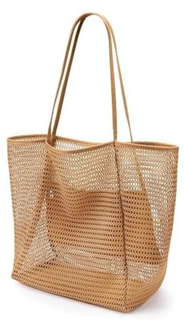 Alt view image 3 of 5 - Large Mesh Beach Tote Bag, Foldable Summer Handbag, Tan